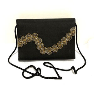 Vintage evening bag black satin dressy purse gold & silver bead embellish clutch
